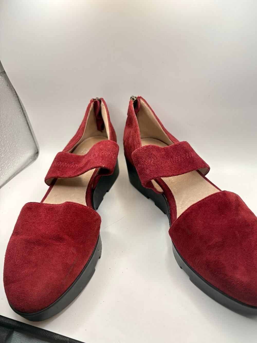 Eileen Fisher Burgundy Suede Mary Jane Flats Low Wedge Ankle Zip Women’s 9.5